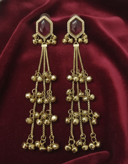 Close-up view of premium artificial Wine Hexagonal Stone Gold Tassel Drop Earrings   Elegant Statement Jewelry by Innovate Art Impex.