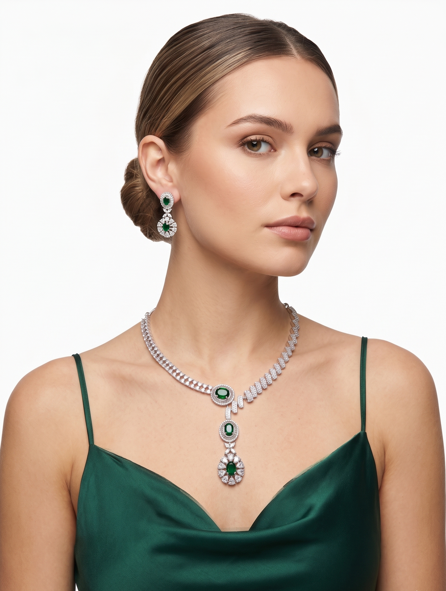 Premium American Diamond & Green Artificial Stone Long Necklace Set