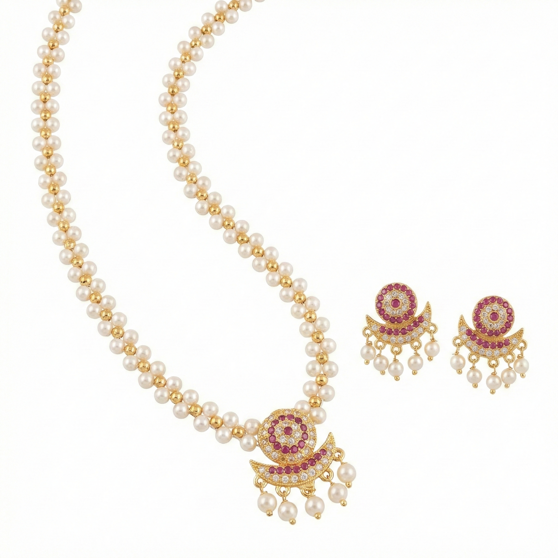Close-up view of premium artificial Traditional Pearl Choker Necklace Set with Ruby Pendant | Innovate Art Impex by Innovate Art Impex.