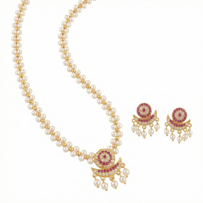 Close-up view of premium artificial Traditional Pearl Choker Necklace Set with Ruby Pendant | Innovate Art Impex by Innovate Art Impex.