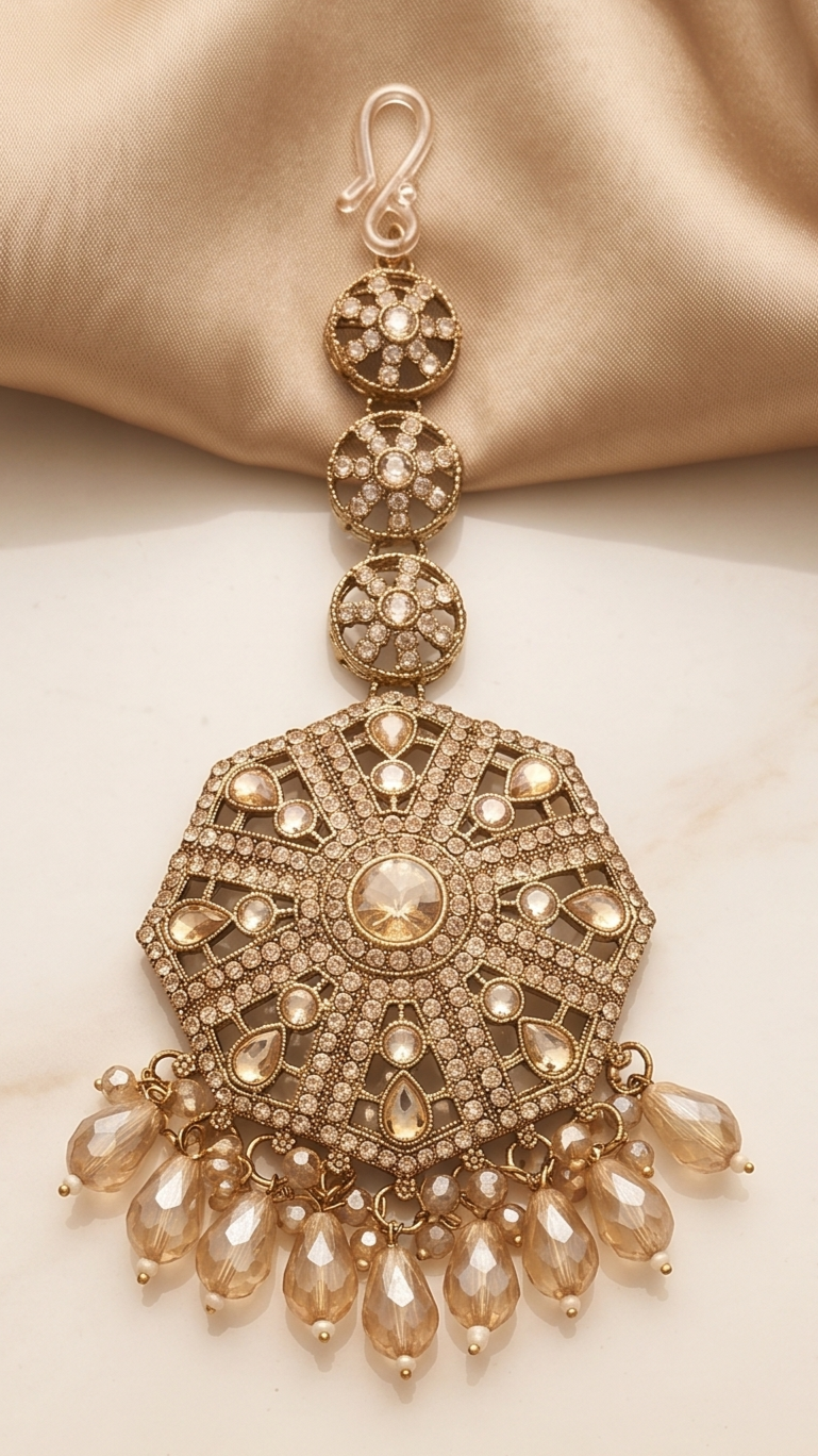 Decorative gold earring with intricate design on a beige fabric background