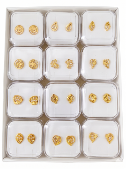 12-Pair Combo Set of Small Gold-Toned Filigree Stud Earrings for Women | Artificial American Diamond CZ Petite Tops (1.25 cm) | Lightweight Daily Wear Fashion Jewellery | INNOVATE ART IMPEX