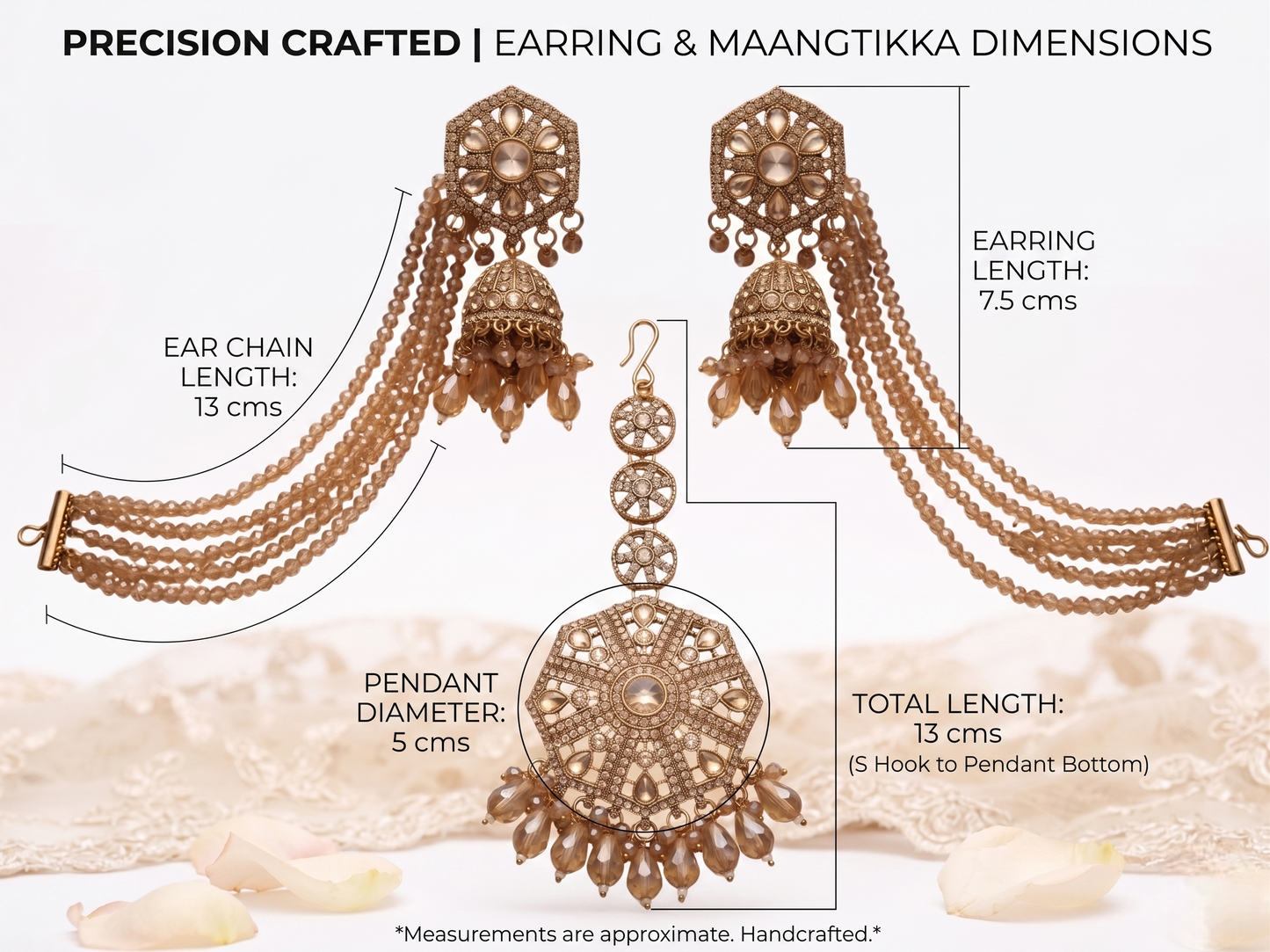 Gold earrings with measurements on a white background