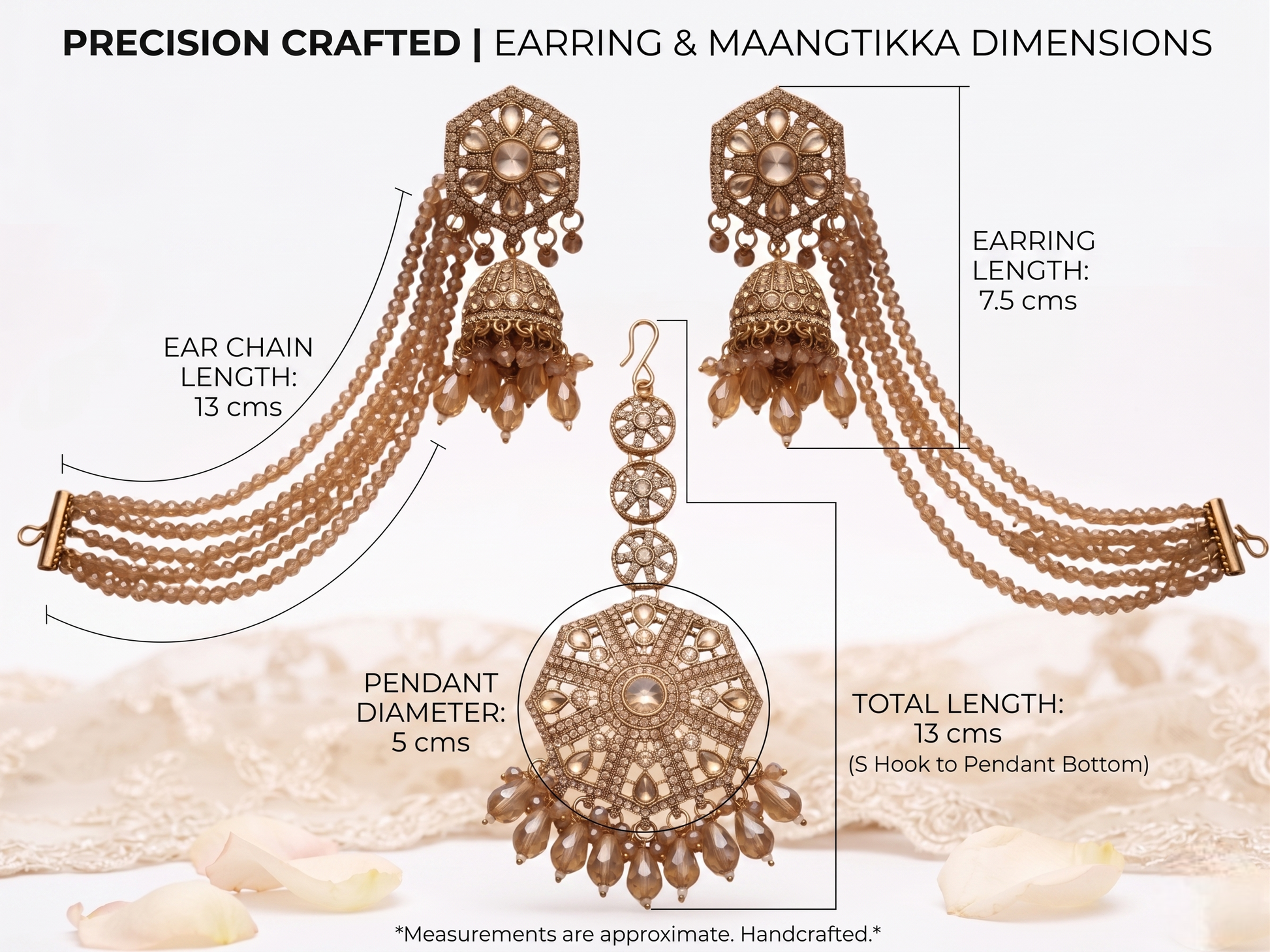 Gold earrings with measurements on a white background