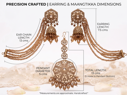 Gold earrings with measurements on a white background