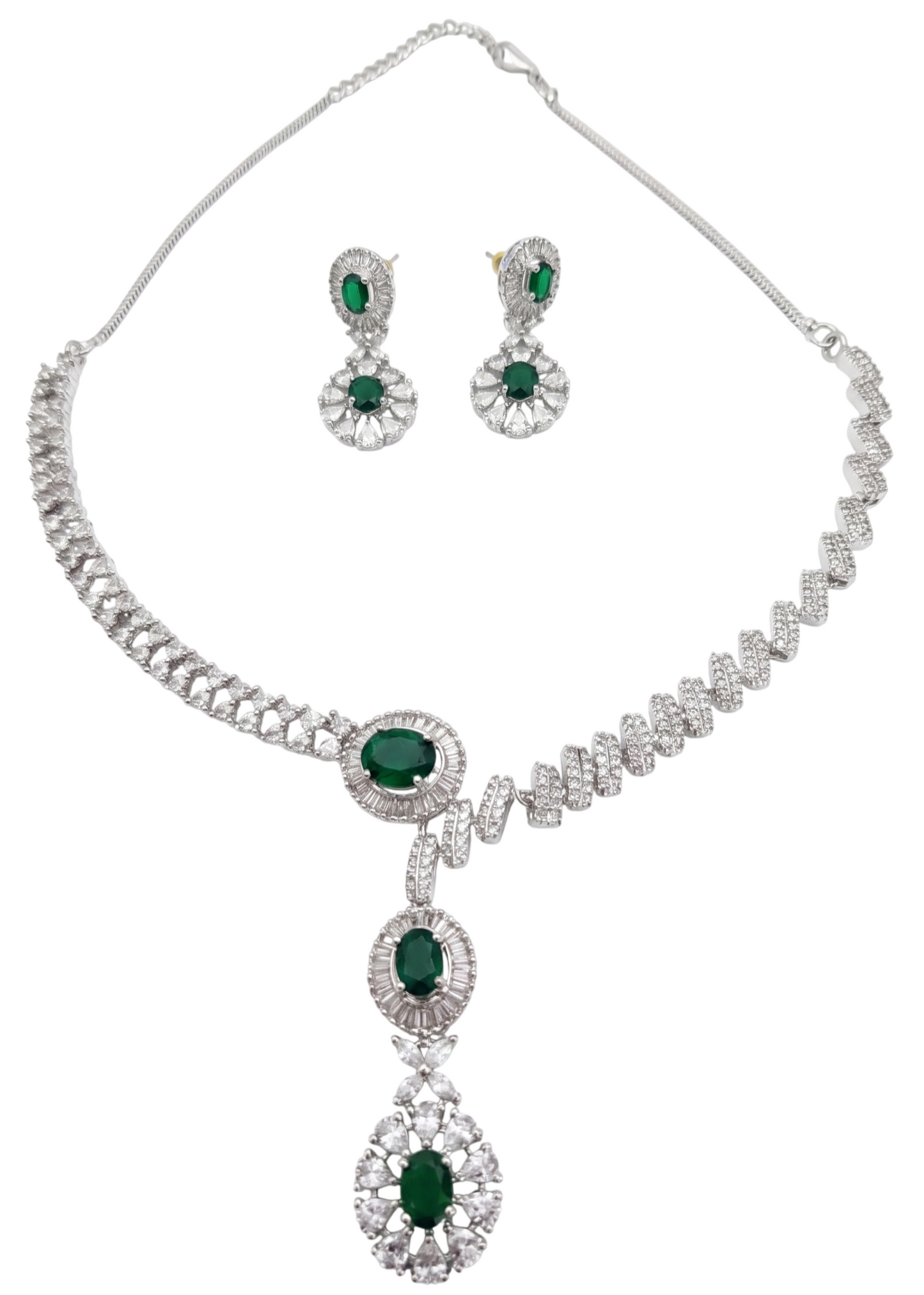 Premium American Diamond & Green Artificial Stone Long Necklace Set