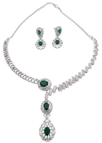 Premium American Diamond & Green Artificial Stone Long Necklace Set