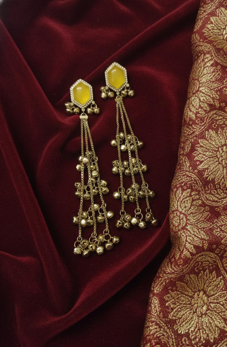 Close-up view of premium artificial Yellow Hexagonal Stone Gold Tassel Drop Earrings   Elegant Statement Jewelry by Innovate Art Impex.