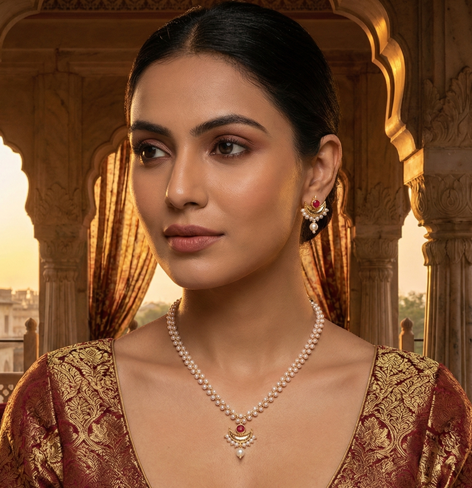 Close-up view of premium artificial Traditional Pearl Mala with Crescent Ruby Pendant & Earrings Set by Innovate Art Impex.