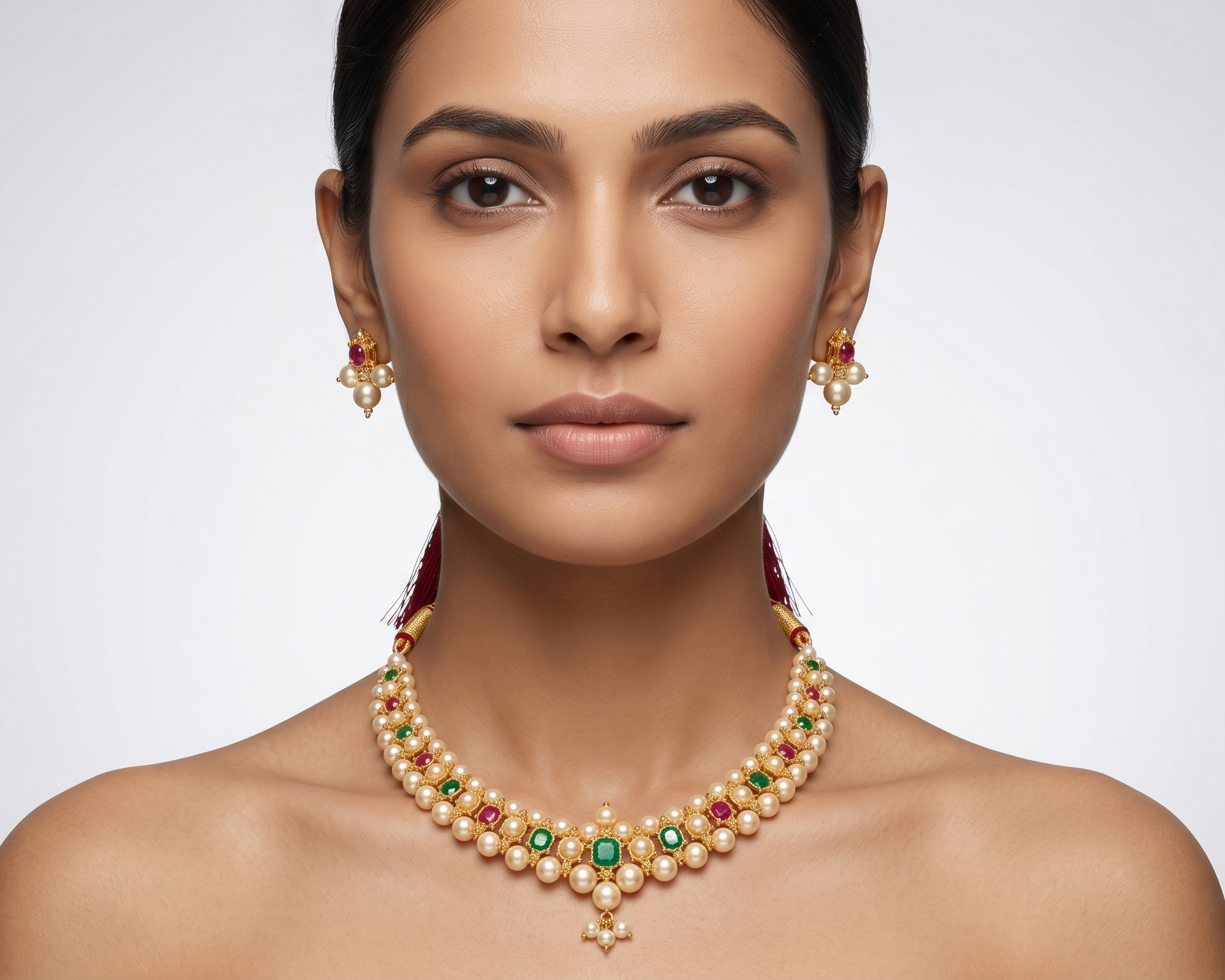 Close-up of a premium pearl and gemstone choker necklace set displayed on a cream jewelry bust in a softly lit luxury retail environment.