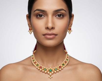 Close-up of a premium pearl and gemstone choker necklace set displayed on a cream jewelry bust in a softly lit luxury retail environment.