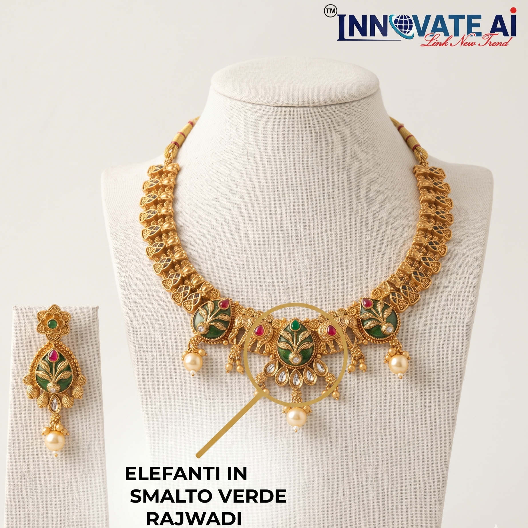 Close-up Detail of Traditional Gold Filigree and Green Stone Pendants with Pearl Dangles