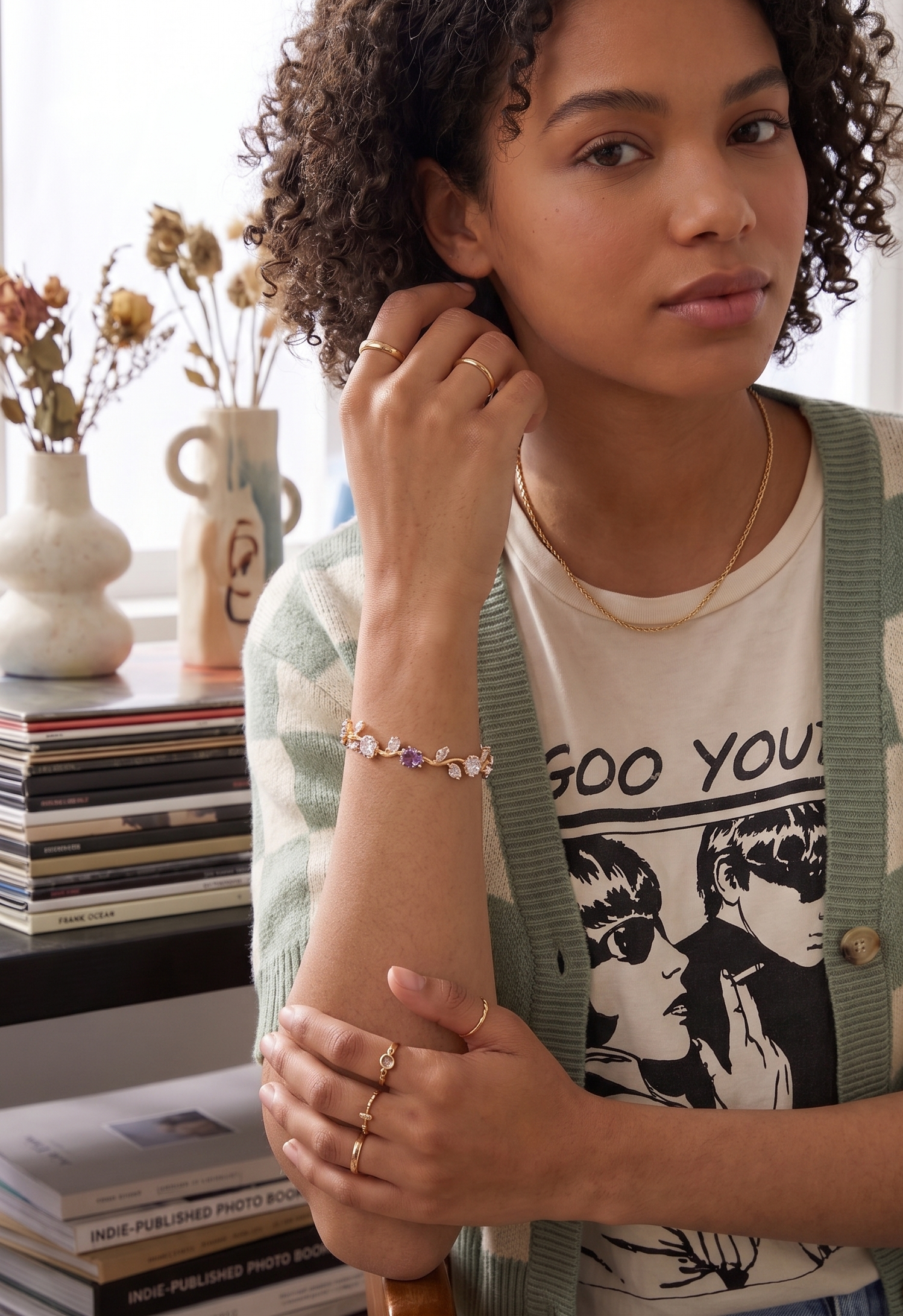 Gold-Toned Botanical Vine Link Bracelet with Amethyst-Purple & Pink American Diamonds