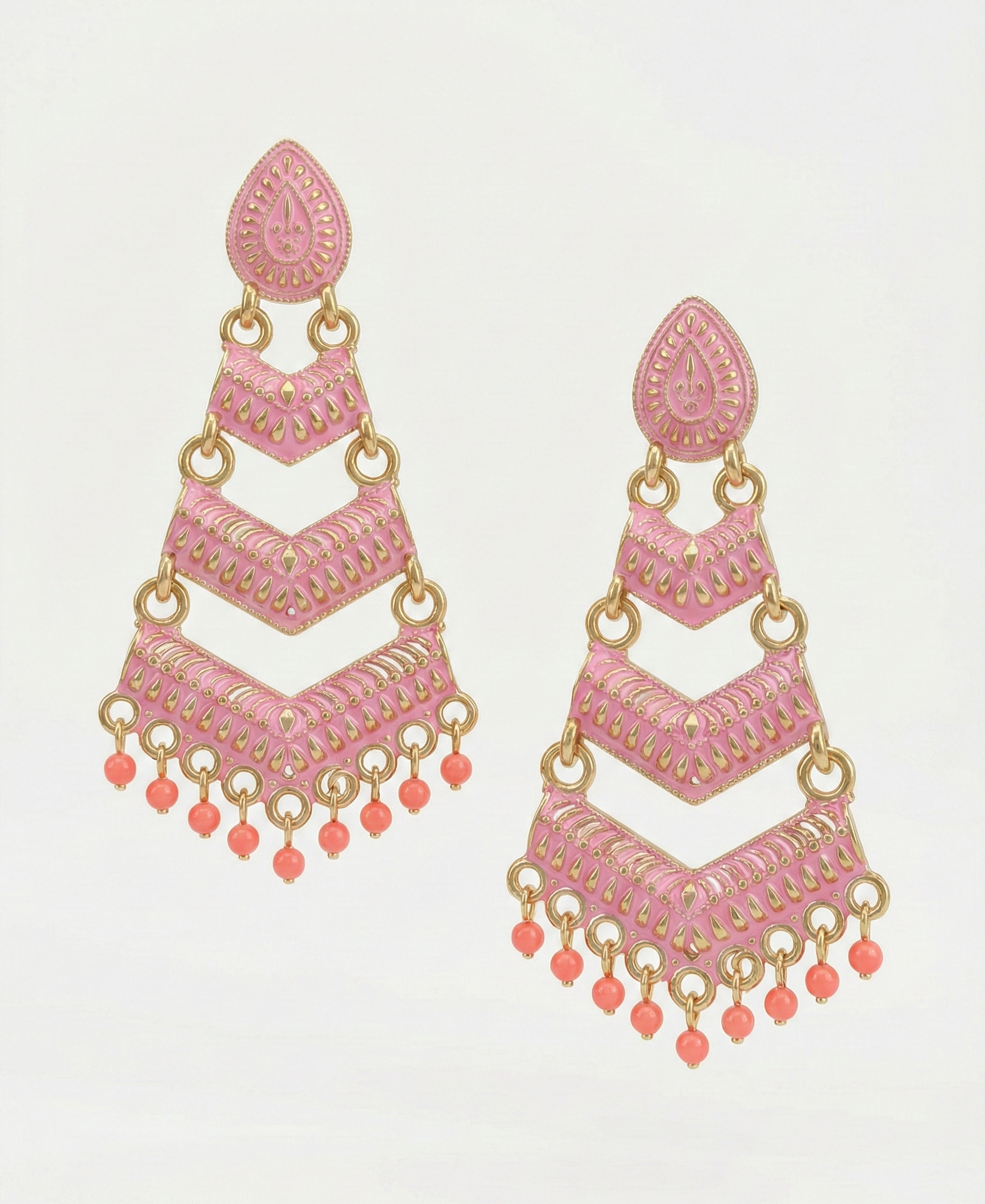 Close-up view of premium artificial Pink Meenakari Gold Plated Layered Drop Earrings with Pearl Hanging by Innovate Art Impex.