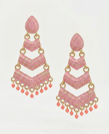 Close-up view of premium artificial Pink Meenakari Gold Plated Layered Drop Earrings with Pearl Hanging by Innovate Art Impex.