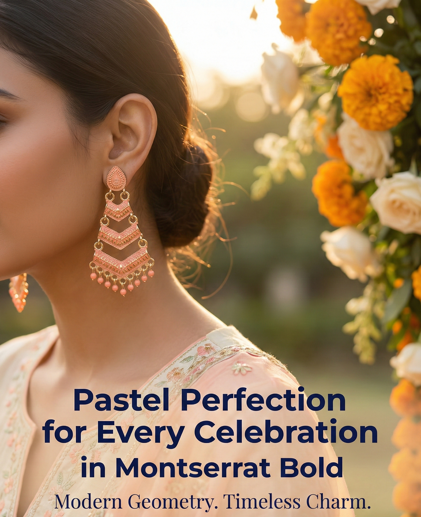 Close-up view of premium artificial Orange Meenakari Gold Plated Layered Drop Earrings with Pearl Hanging by Innovate Art Impex.