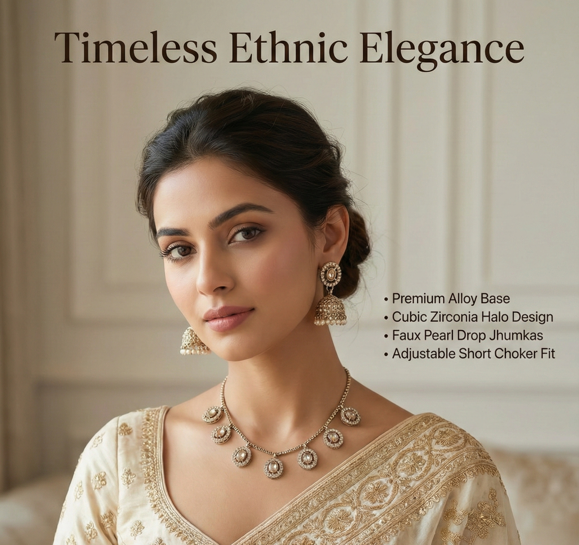 Close-up view of premium artificial Champagne Gold Medallion Charm Necklace & Pearl Drop Jhumka Earring Set by Innovate Art Impex.