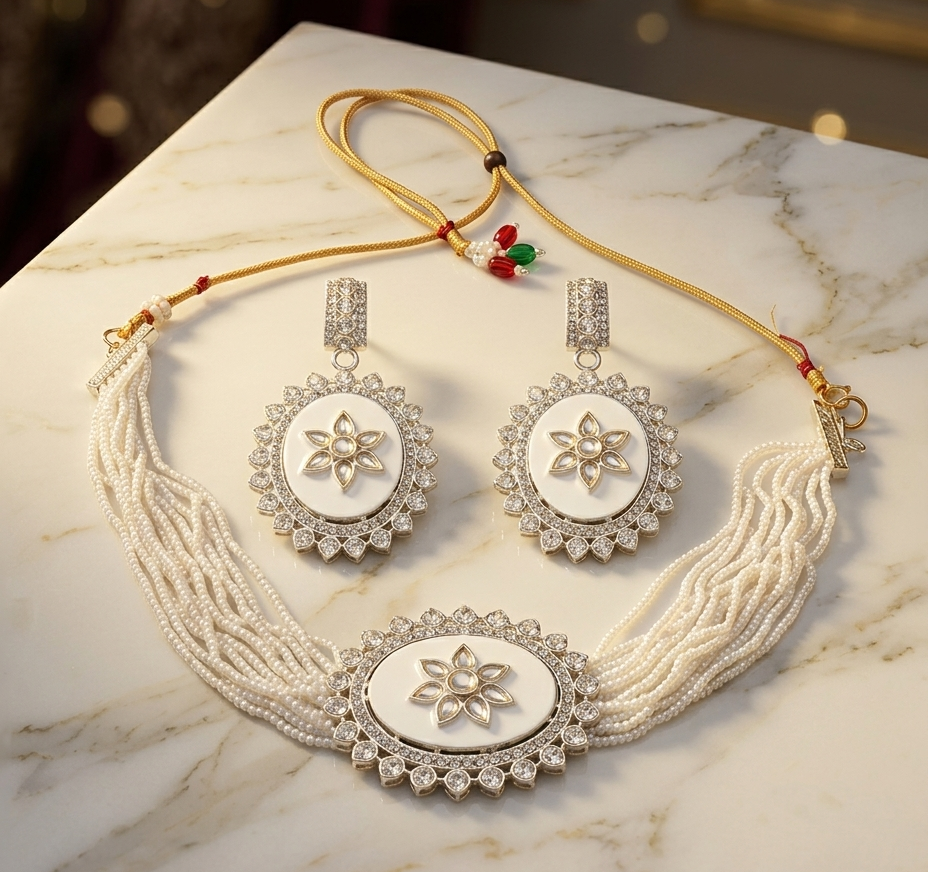Close-up view of premium artificial Oval Enamel Floral Motif Beaded Choker Set with Matching Earrings by Innovate Art Impex.