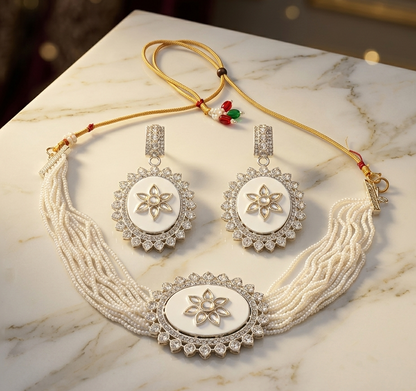 Close-up view of premium artificial Oval Enamel Floral Motif Beaded Choker Set with Matching Earrings by Innovate Art Impex.