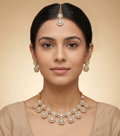 Woman wearing a gold necklace and earrings on a beige background