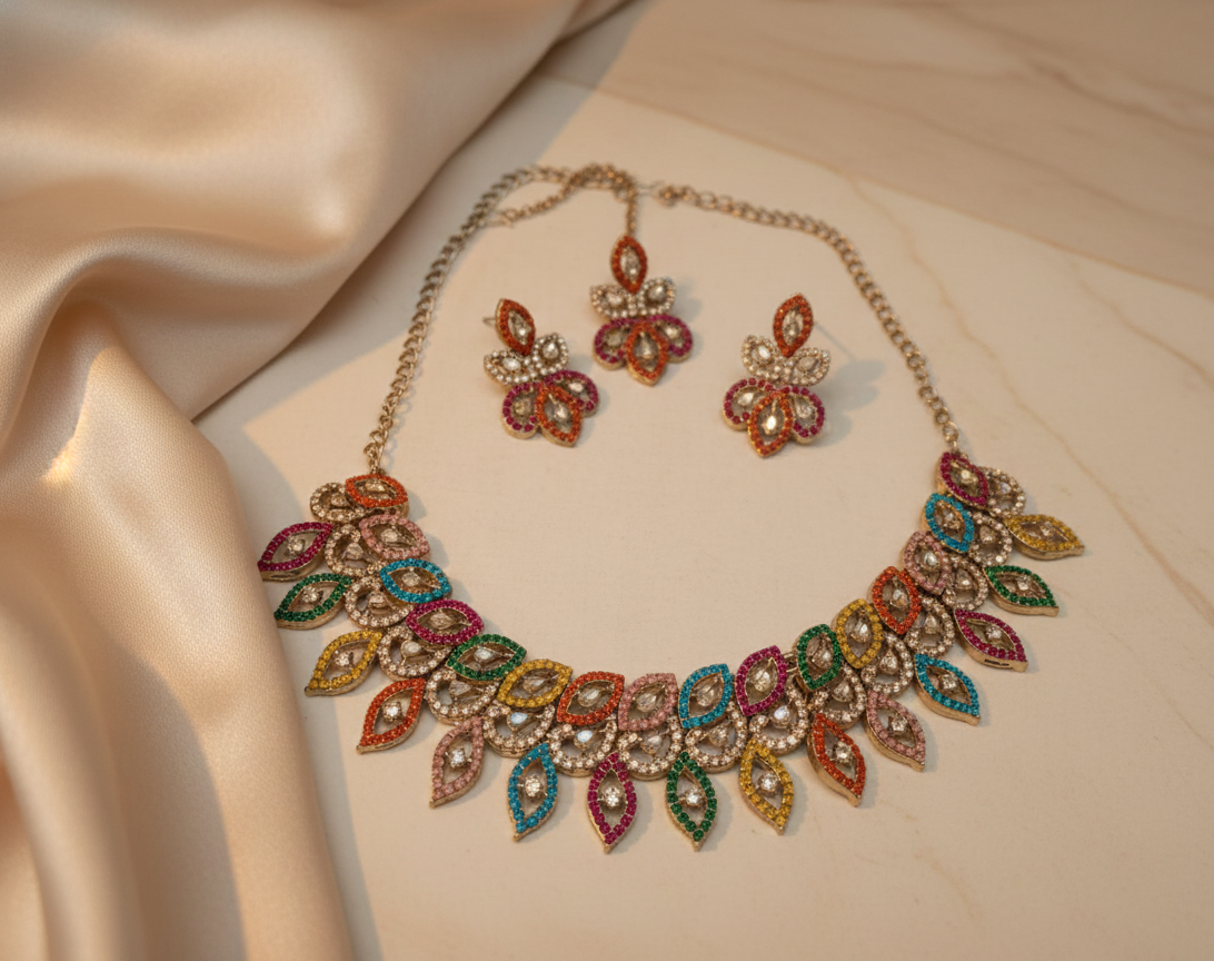 Close-up view of premium artificial Multi Color Floral Kundan Necklace Set with Matching Earrings & Maang Tikka by Innovate Art Impex.