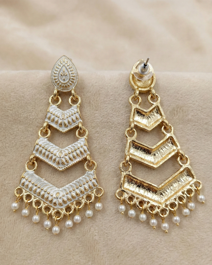 Close-up view of premium artificial White Meenakari Gold Plated Layered Drop Earrings with Pearl Hanging by Innovate Art Impex.