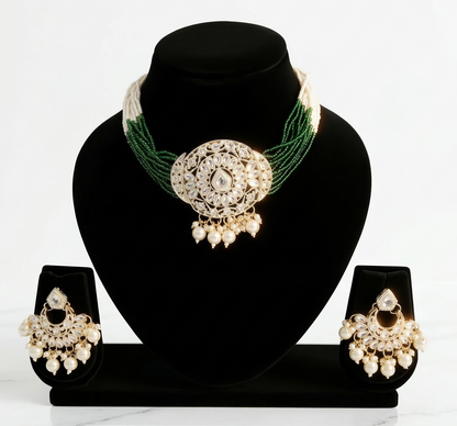 Close-up view of premium artificial Traditional Pearl & Kundan Studded Statement Choker Set for Weddings & Festive Wear by Innovate Art Impex.