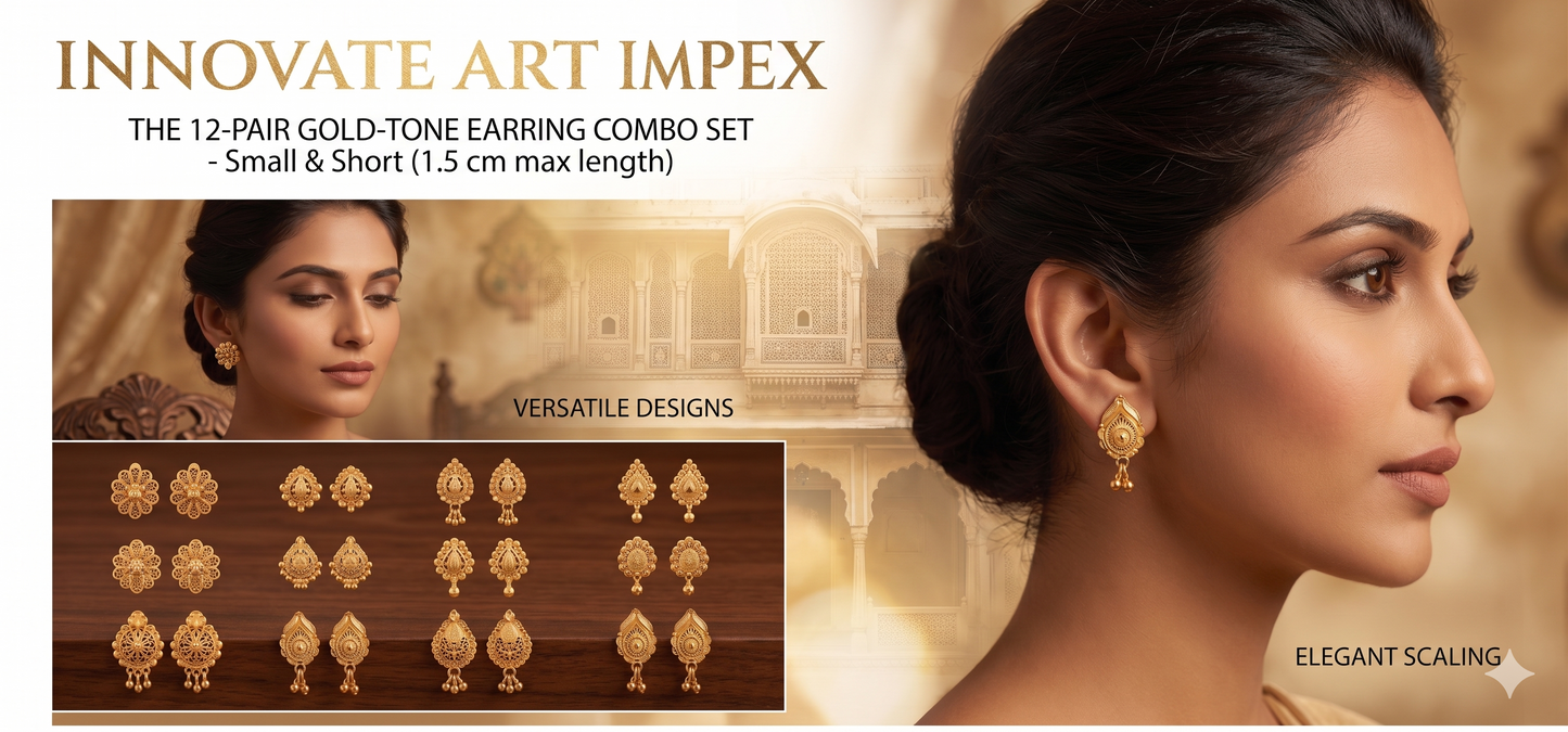 Innovate Art Impex gold-tone earring combo set with a woman wearing earrings and a close-up of the earrings.