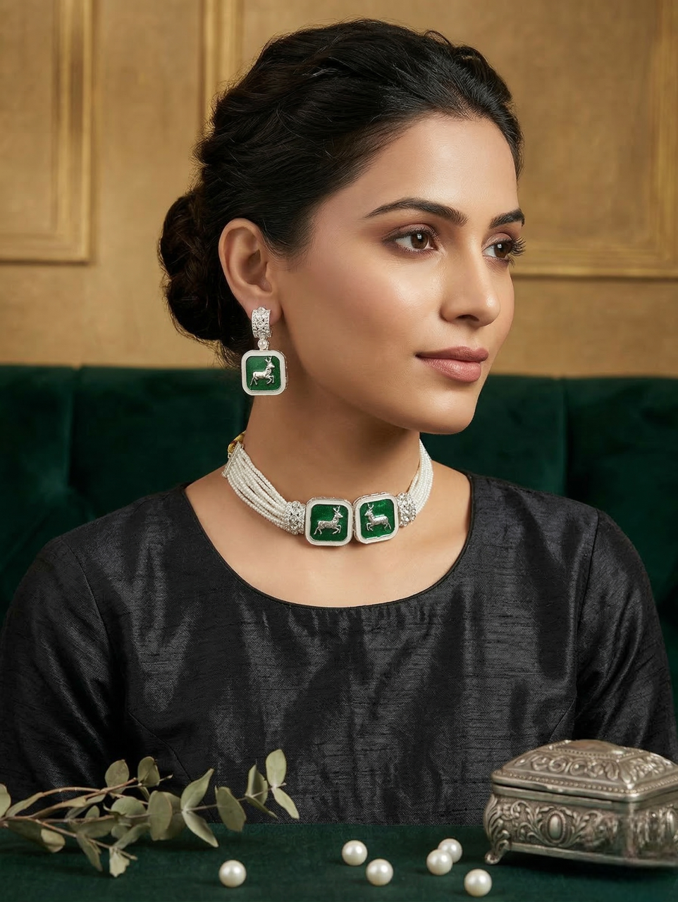 Close-up view of premium artificial Multi-Strand Faux Pearl Choker Set with Enamel Deer Motif by Innovate Art Impex.