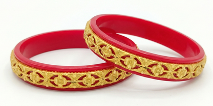 Close-up view of premium artificial Women Traditional Red Gold Plated Designer Bangles Set | Bridal Ethnic Kada | Wedding & Festive Wear Jewellery by Innovate Art Impex.