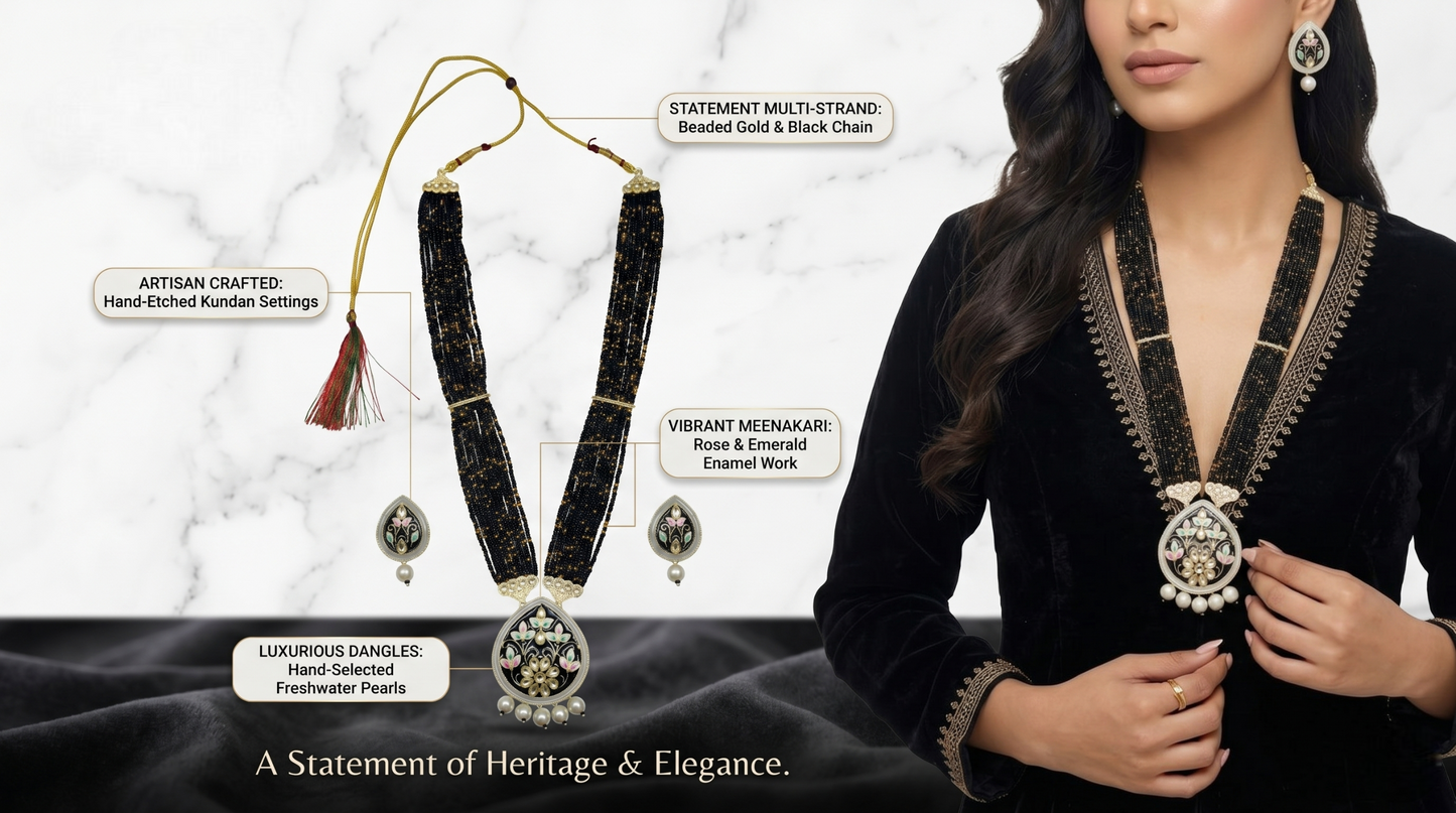 Jewelry set with necklace and earrings on a model, against a white marble background.