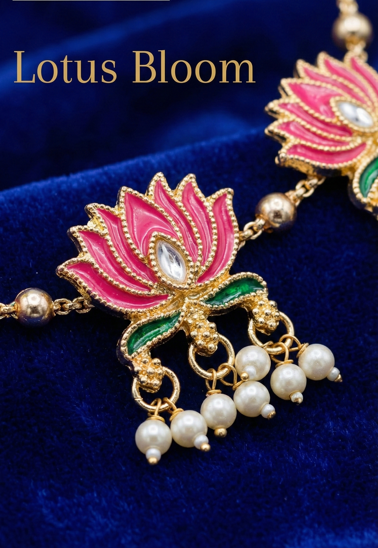 Close-up view of premium artificial Elegant Pink Lotus Meenakari Gold Plated Choker Necklace Set with Earrings & Pearl Drops by Innovate Art Impex.