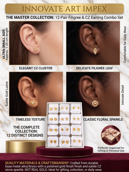 12-Pair Combo Set of Small Gold-Toned Filigree Stud Earrings for Women | Artificial American Diamond CZ Petite Tops (1.25 cm) | Lightweight Daily Wear Fashion Jewellery | INNOVATE ART IMPEX