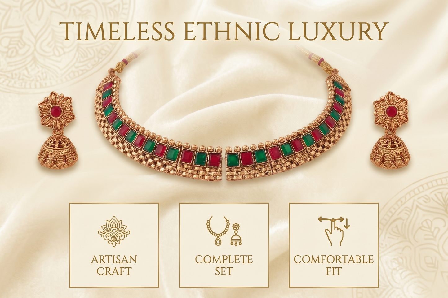 Jewelry set with necklace and earrings on a textured fabric background, featuring 'Timeless Ethnic Luxury' text.