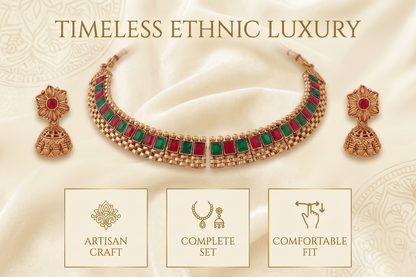 Jewelry set with necklace and earrings on a textured fabric background, featuring 'Timeless Ethnic Luxury' text.