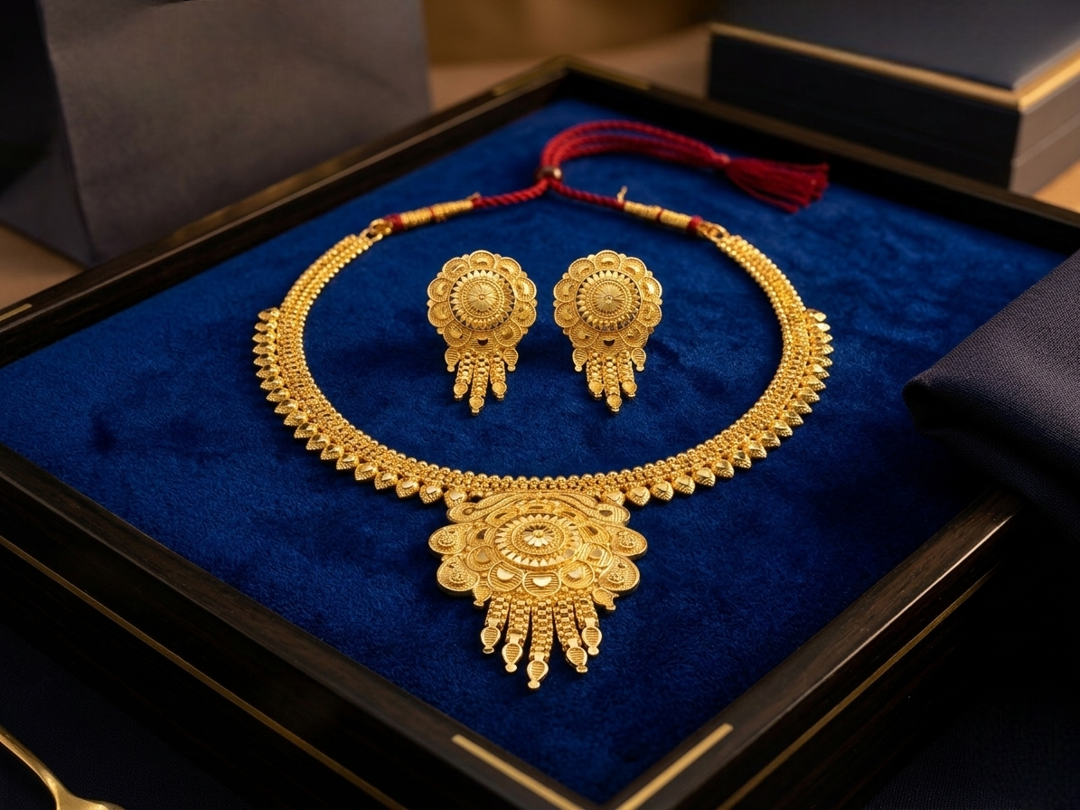 Close-up view of premium artificial Exquisite Traditional Gold Tone Floral Pendant Necklace & Earring Set by Innovate Art Impex.