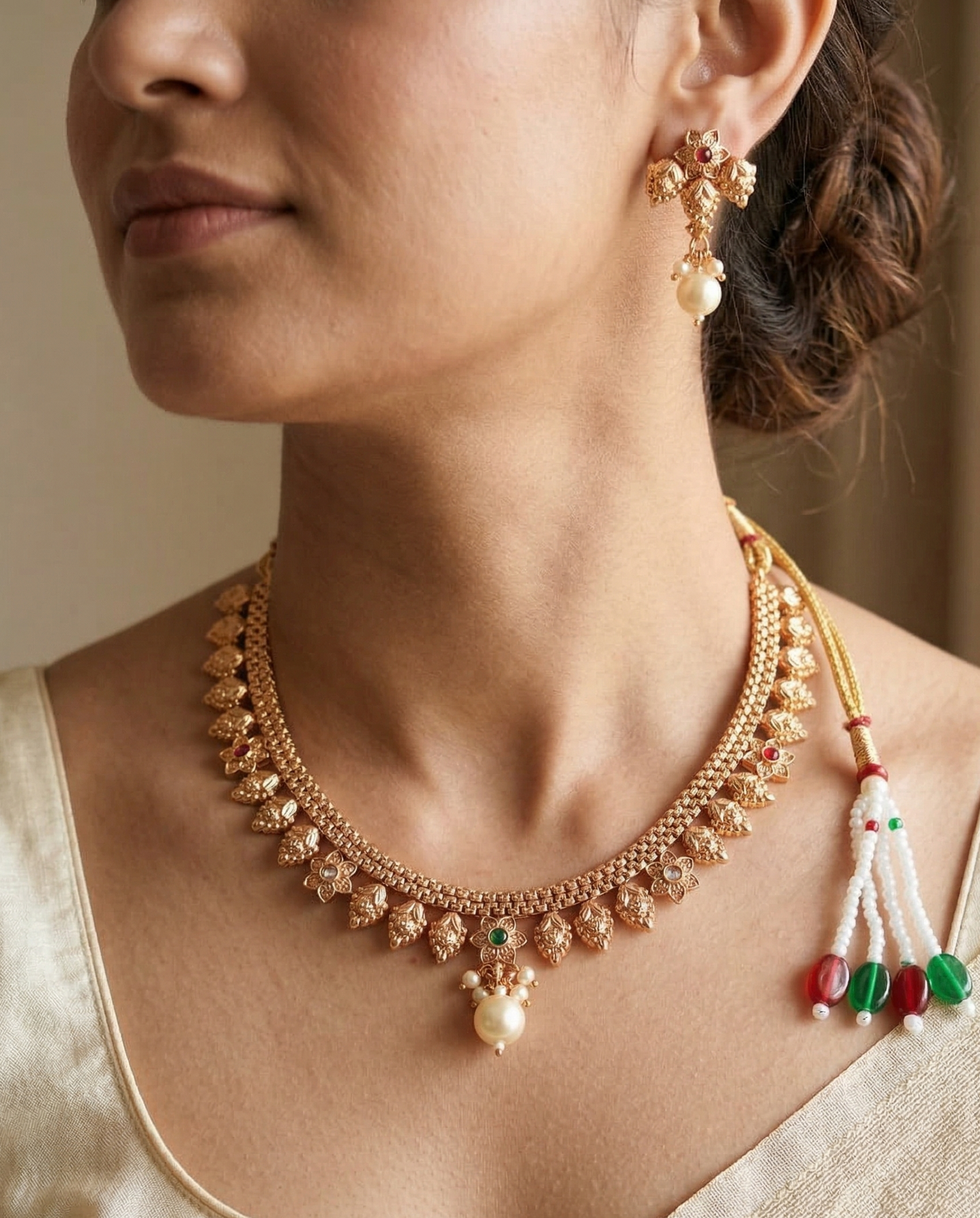 Traditional Matte Gold Plated Temple Jewellery Necklace Set with Earrings for Women