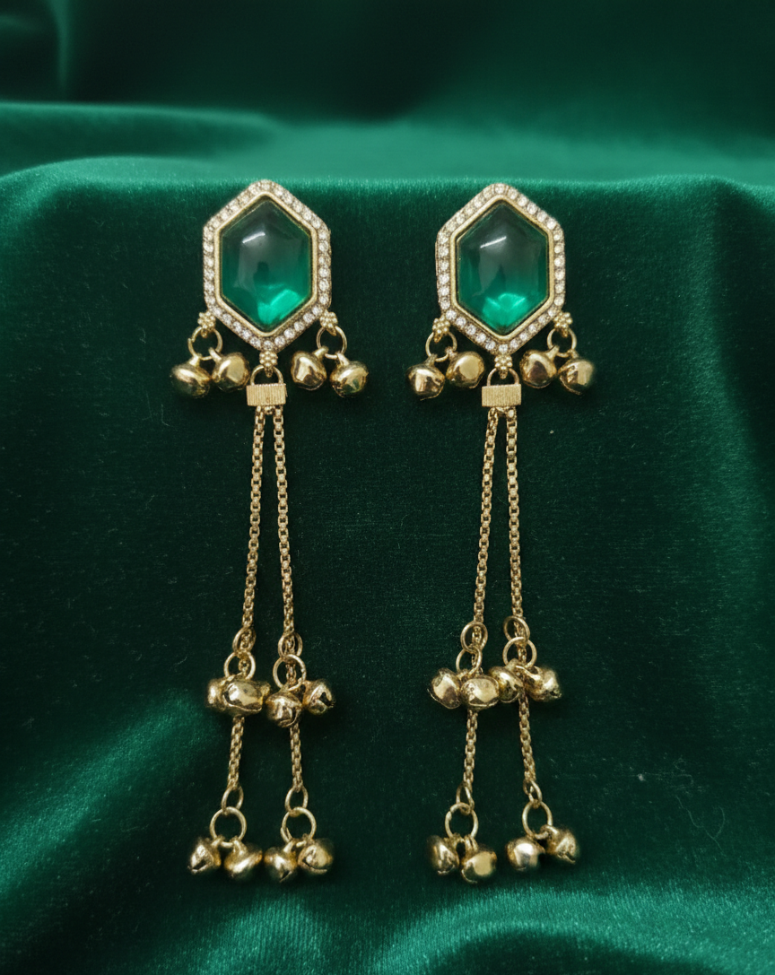 Close-up view of premium artificial Green Hexagonal Stone Gold Tassel Drop Earrings   Elegant Statement Jewelry by Innovate Art Impex.