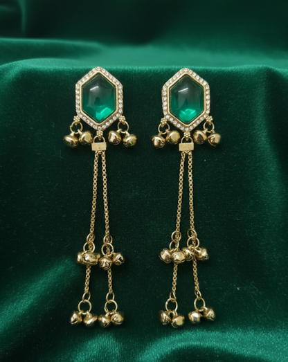 Close-up view of premium artificial Green Hexagonal Stone Gold Tassel Drop Earrings   Elegant Statement Jewelry by Innovate Art Impex.