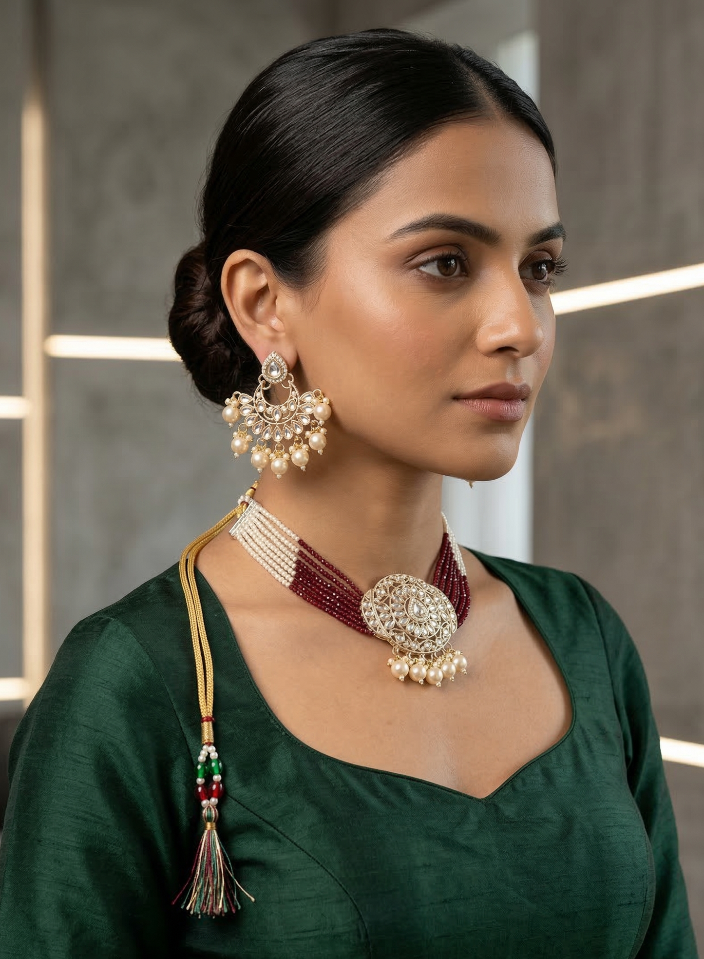 Close-up view of premium artificial Luxury Ethnic Multi-Strand Choker Jewellery Set with Chandbali Style Earrings by Innovate Art Impex.