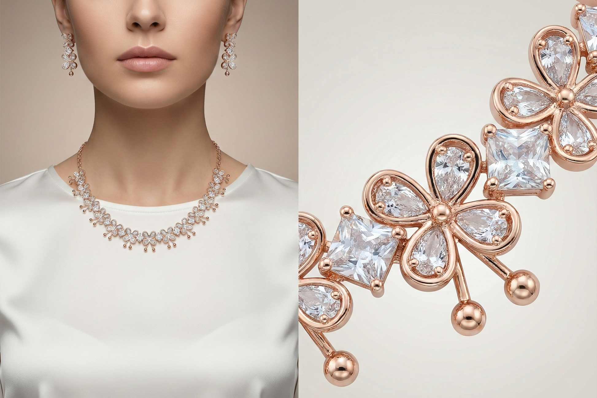 Close-up view of premium artificial Rose Gold Floral Crystal Necklace and Earrings Set by Innovate Art Impex.