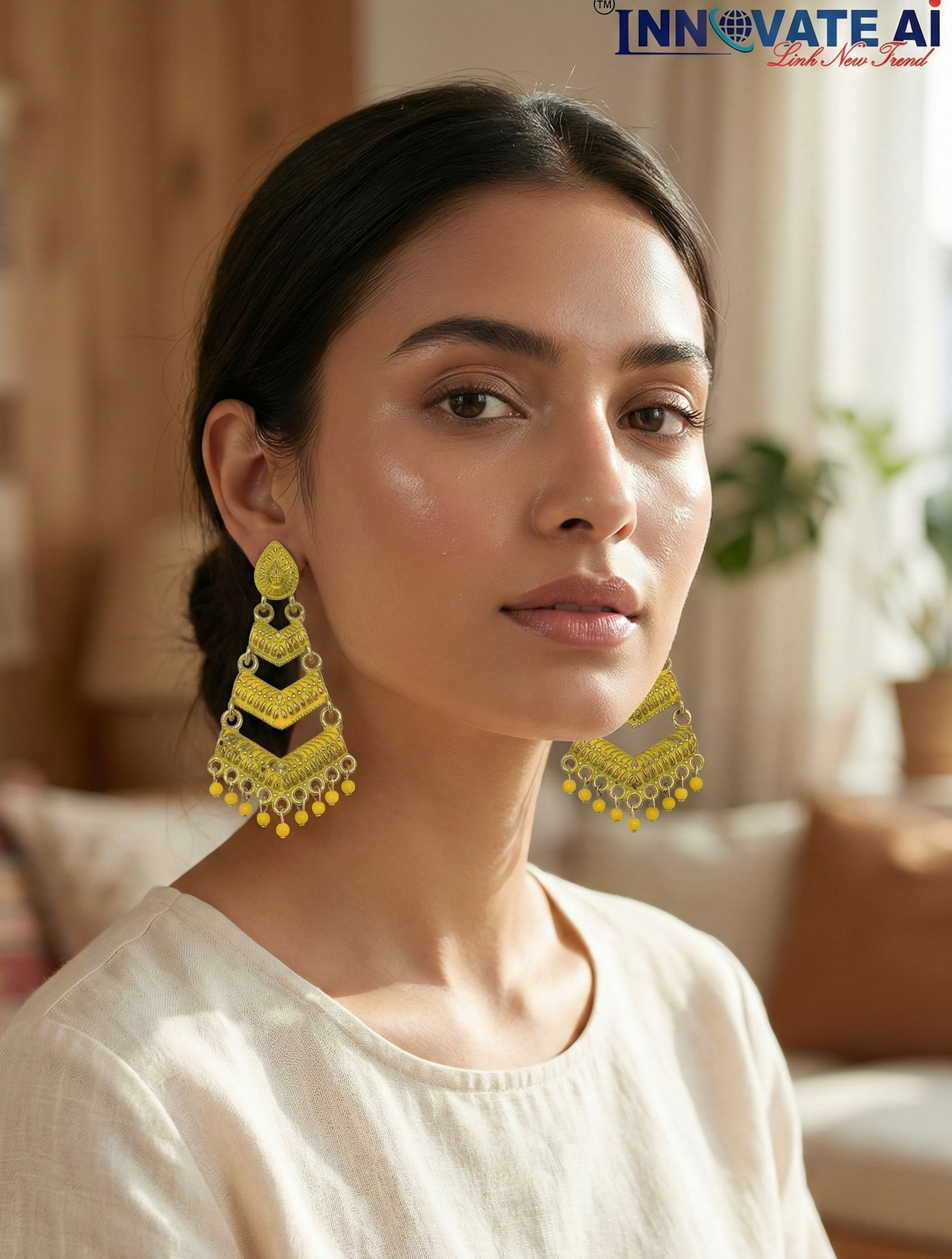 Close-up view of premium artificial Yellow Meenakari Gold Plated Layered Drop Earrings with Pearl Hanging by Innovate Art Impex.
