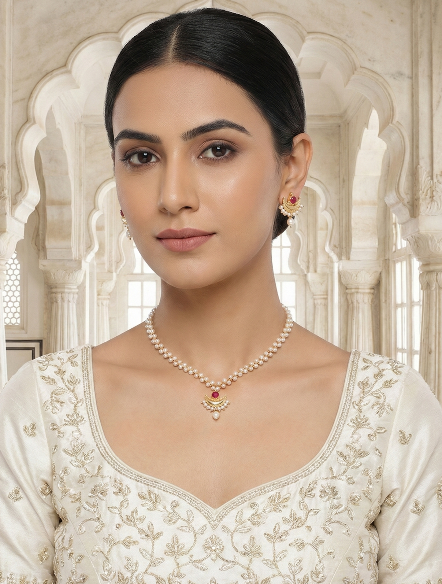 Close-up view of premium artificial Traditional Pearl Mala with Crescent Ruby Pendant & Earrings Set by Innovate Art Impex.