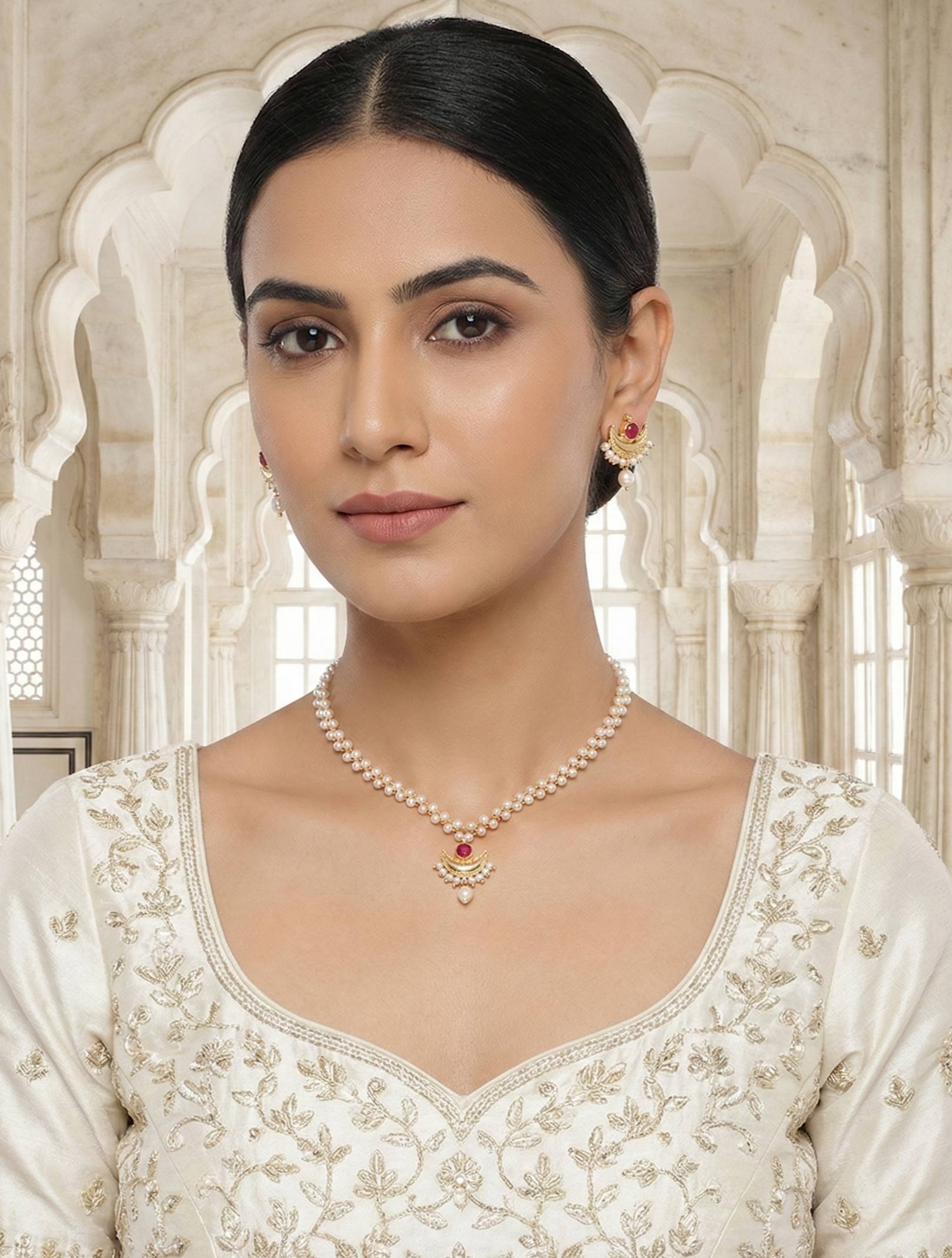 Close-up view of premium artificial Traditional Pearl Mala with Crescent Ruby Pendant & Earrings Set by Innovate Art Impex.
