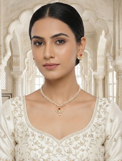 Close-up view of premium artificial Traditional Pearl Mala with Crescent Ruby Pendant & Earrings Set by Innovate Art Impex.