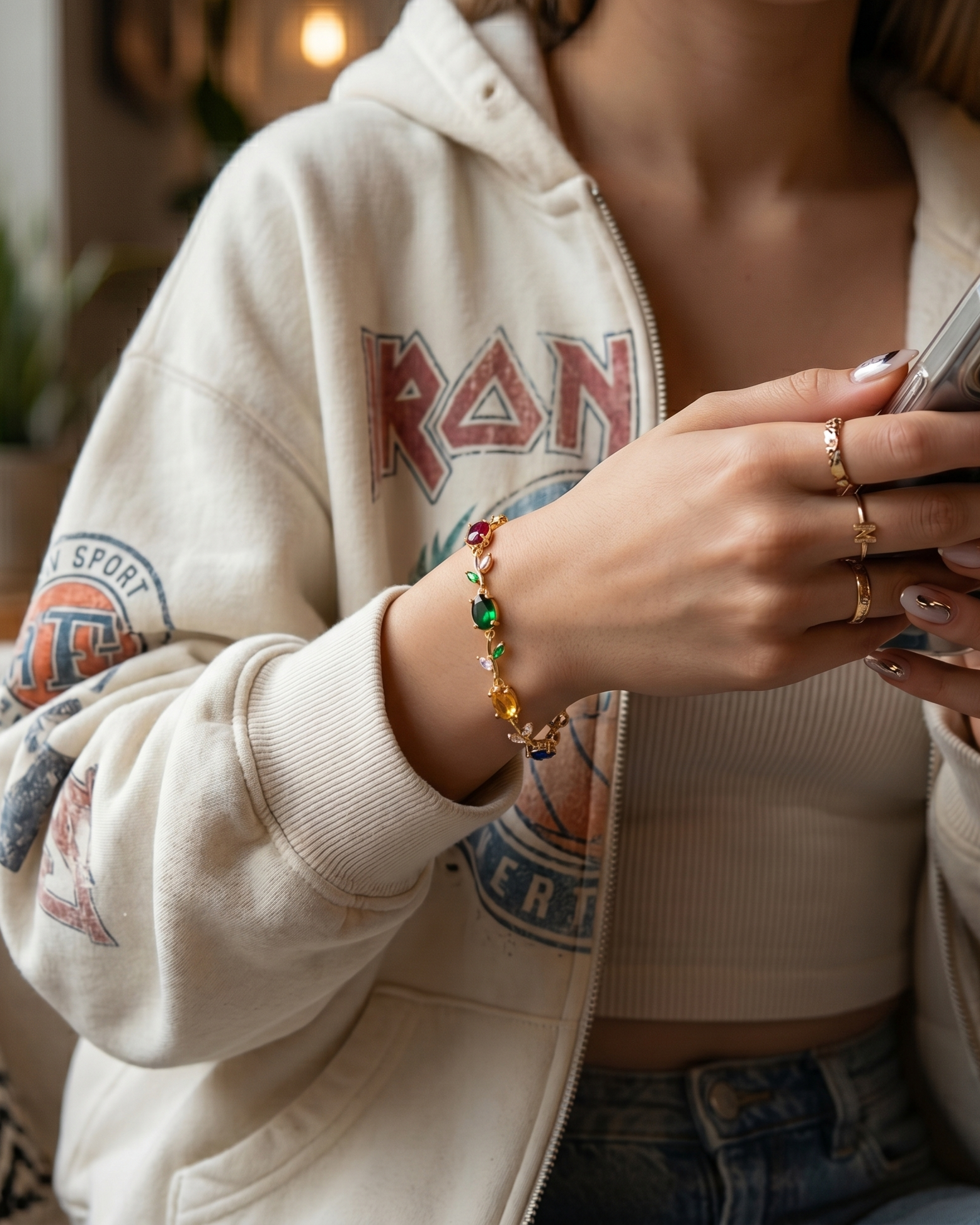 Rainbow Vine Multi-Gemstone Bracelet - Gold Plated Botanical Leaf Link Design with Oval Ruby, Sapphire, Emerald, Amethyst & Citrine