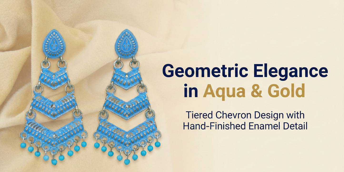 Close-up view of premium artificial Blue Meenakari Gold Plated Layered Drop Earrings with Pearl Hanging by Innovate Art Impex.