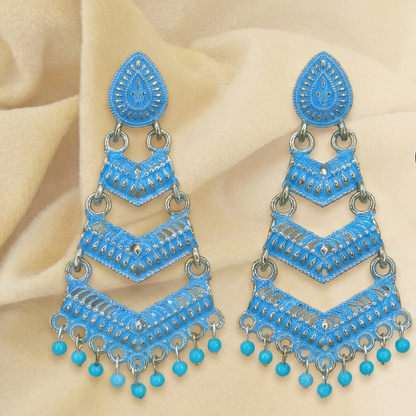 Close-up view of premium artificial Blue Meenakari Gold Plated Layered Drop Earrings with Pearl Hanging by Innovate Art Impex.