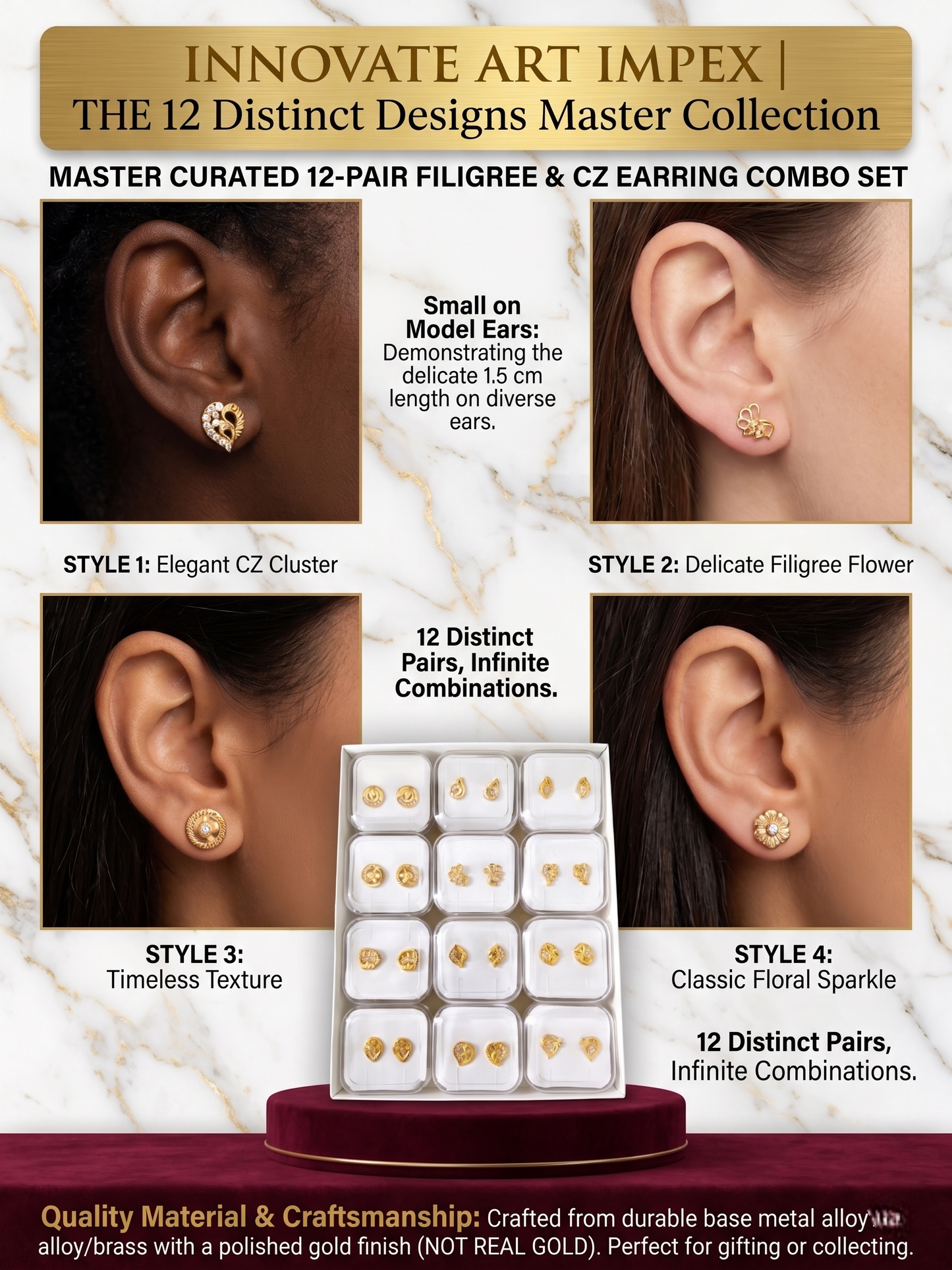 12-Pair Combo Set of Small Gold-Toned Filigree Stud Earrings for Women | Artificial American Diamond CZ Petite Tops (1.25 cm) | Lightweight Daily Wear Fashion Jewellery | INNOVATE ART IMPEX