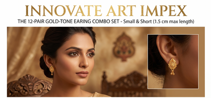 Innovate Art ImpeX gold-tone earring combo set with a woman wearing earrings and an inset of an ear.
